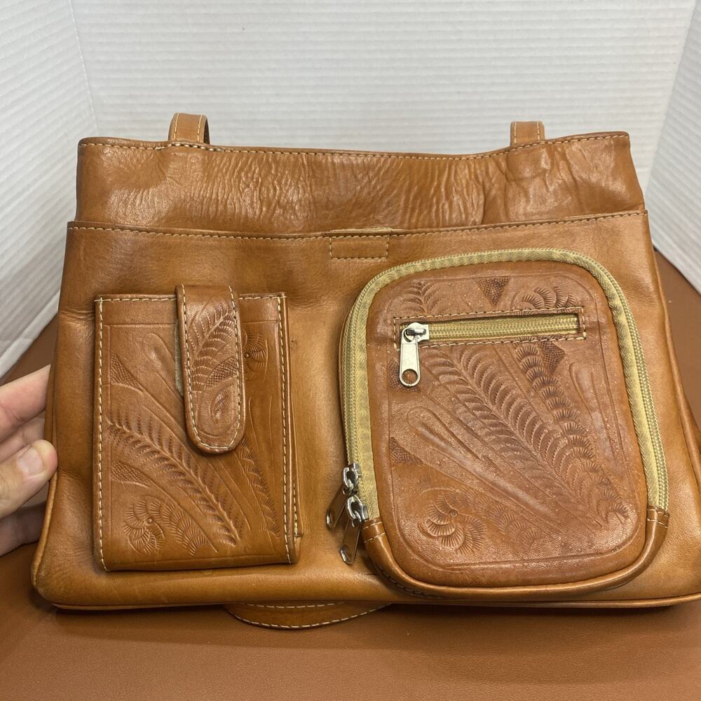 VINTAGE HAND TOOLED EMBOSSED BROWN TAN LEATHER SHOULDER BAG PURSE PARAGUAY - Picture 13 of 13